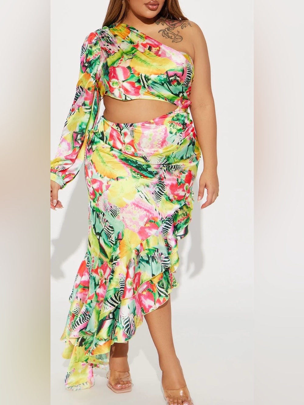 NWT fashion nova Plus One-Shoulder Tropical Print cut out maxi dress size 2X/3X